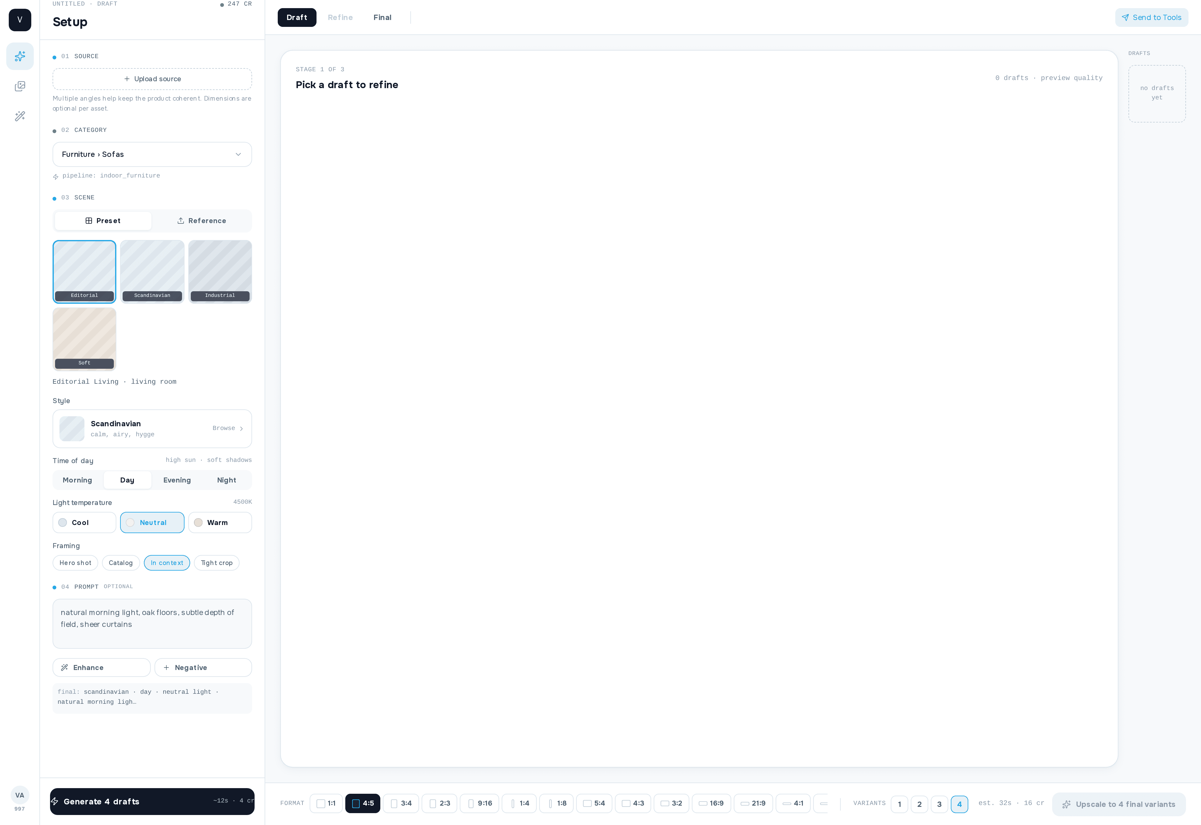 Workspace screen showing the Vinteo AI studio flow.