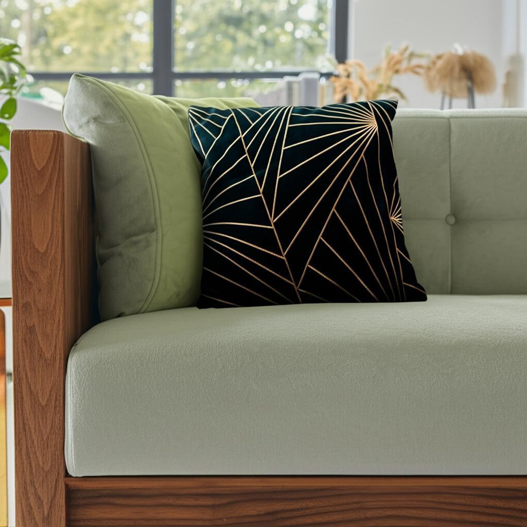 Close-up of a sofa armrest and accent pillow inside a styled room.